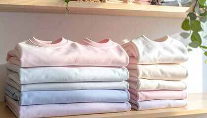 Neatly Folded Pastel Colored Baby Clothes Stacked on Wooden Shelves.