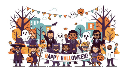 Halloween Parade: Children of various ethnicities, dressed in their Halloween costumes, march along the street. In the background, autumn leaves and pumpkins appear.