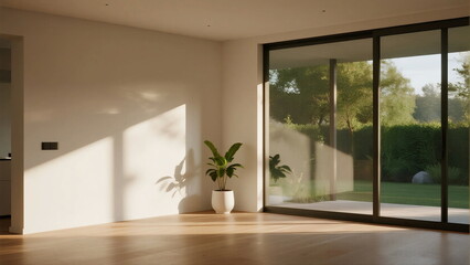 Fototapeta premium Modern bright room with large glass doors and indoor plant