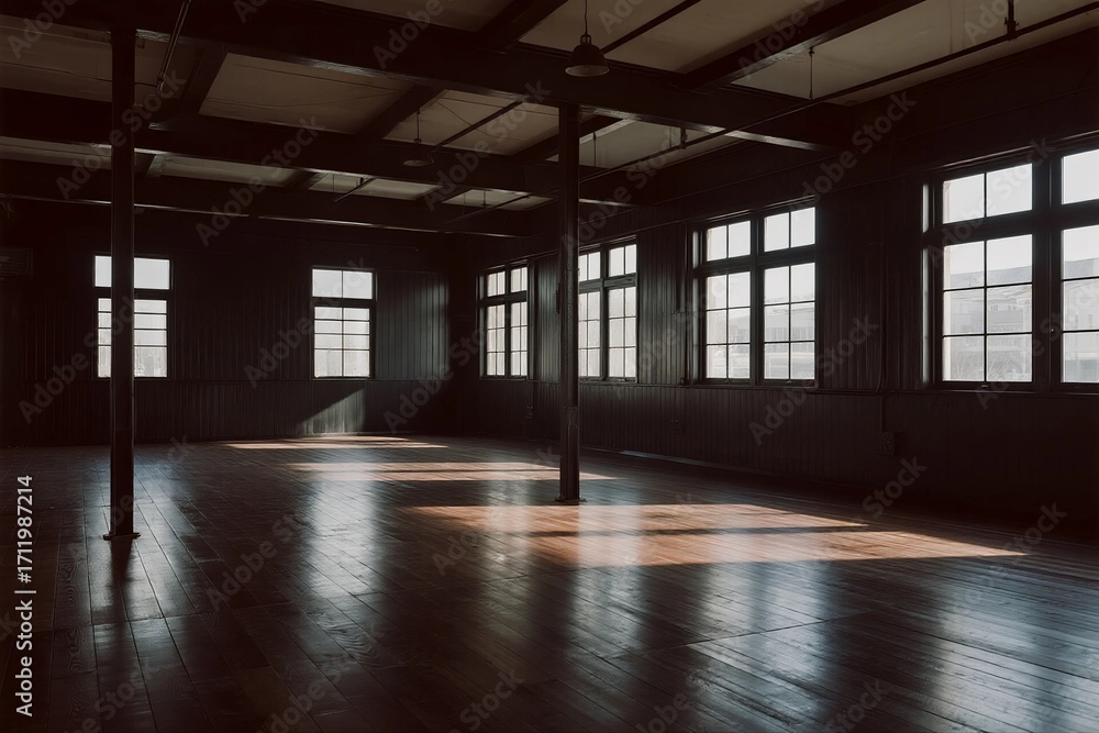 Poster large empty room with wooden floor and multiple windows