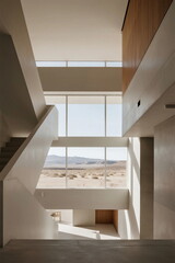 Modern interior space with large windows overlooking desert scenery