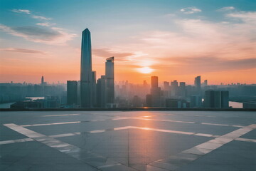 Obraz premium Sunset over modern city skyline with tall buildings