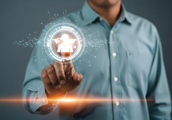 Man in light blue shirt touching a digital interface with a human icon and global map inside it