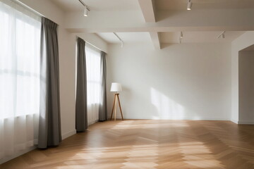 Obraz premium Bright and spacious empty room with wooden flooring and large windows