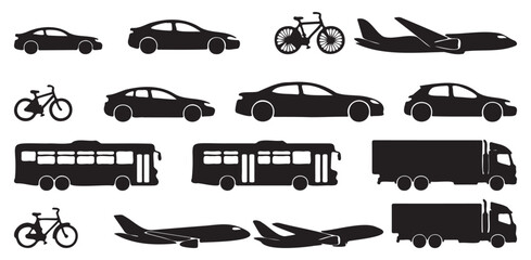 Collection of black silhouettes of various transportation vehicles, including cars, bicycles, planes, buses, and trucks, isolated on a white background.

