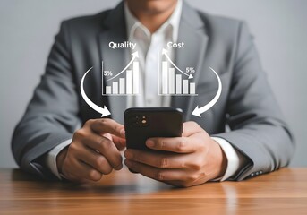 Man in suit using phone with quality and cost graphs showing positive and negative trends overlayed