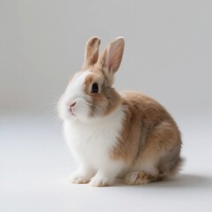 Obraz premium Cute brown and white rabbit sitting on a plain background