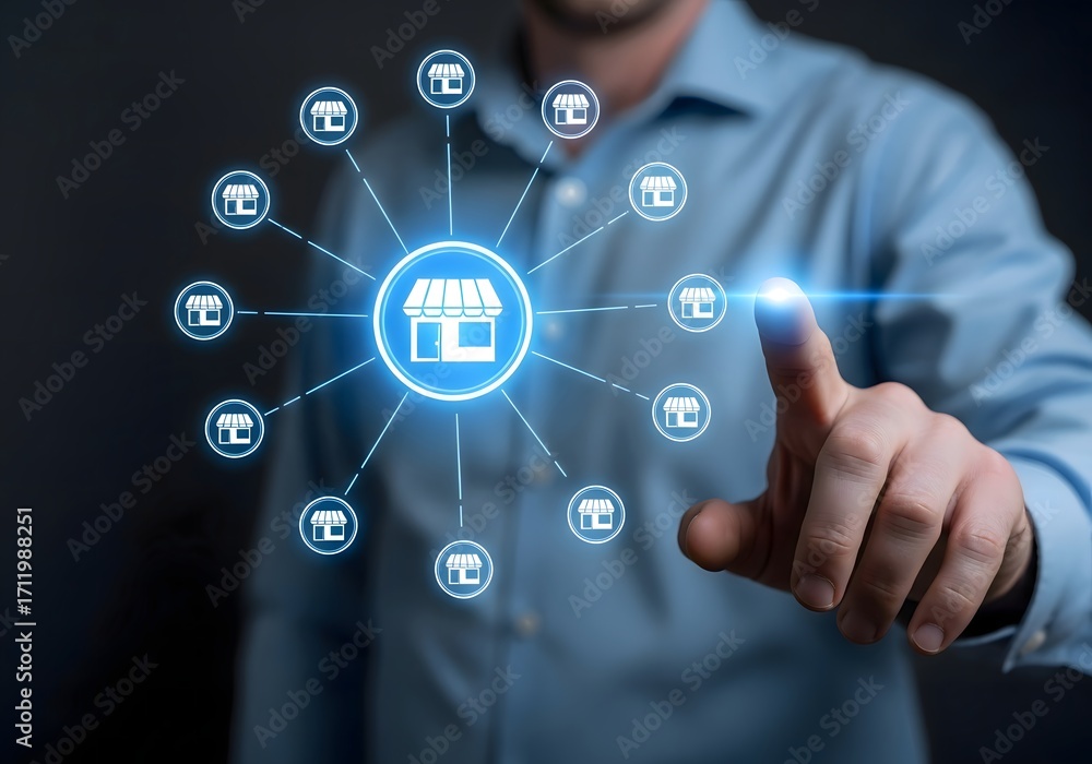Aufkleber man interacting with digital storefront icons connected in a network on a dark background