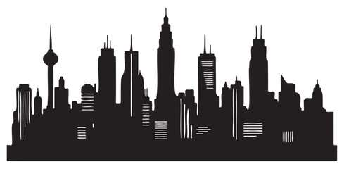Modern black city skyline silhouette with detailed skyscrapers and buildings against a white background.

