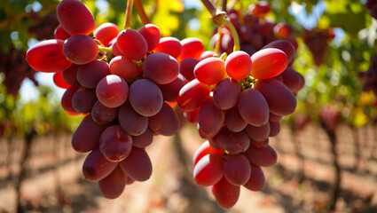 Ripe red grapes hanging from the vine in a vineyard