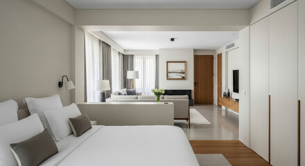 Fototapeta premium Luxurious Bedroom and Living Area Interior in Soft White and Brown Tones with Bed Sofa and Modern Accents