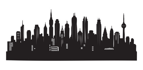 Black and white silhouette of a modern city skyline with multiple towers and buildings, ideal for urban and architectural themes.


