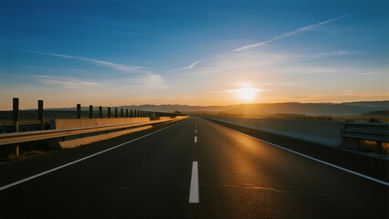 Sunset over an empty highway with clear blue sky