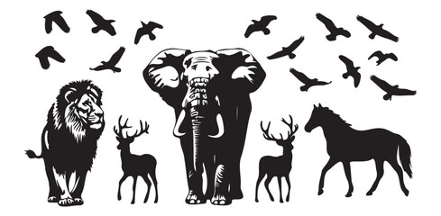 Majestic collection of wildlife silhouettes, including a lion, an elephant, deer, and flying birds, isolated on a white background.

