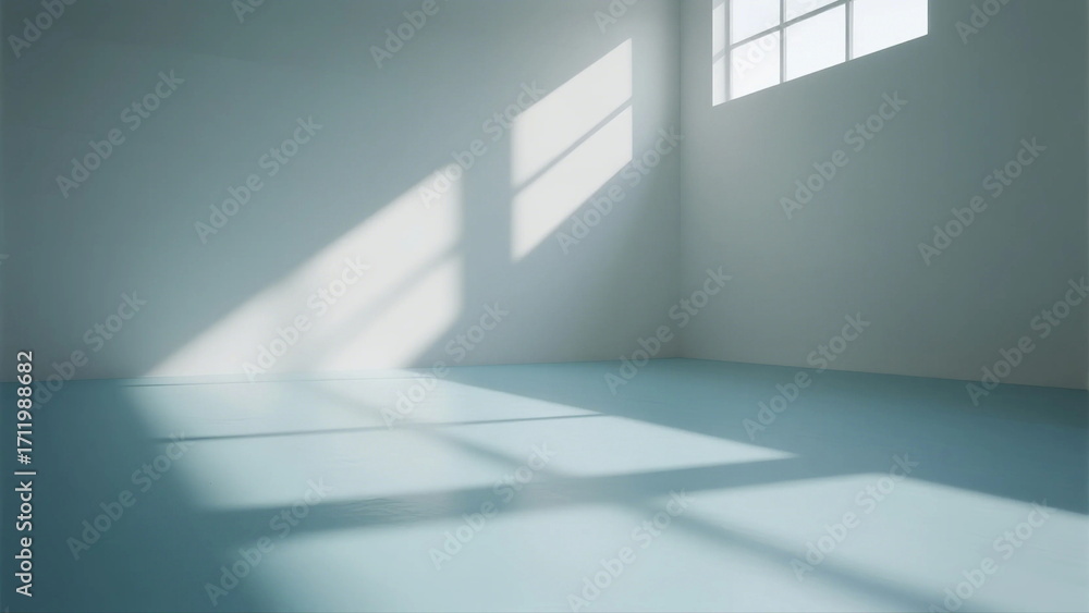 Poster bright and empty room with sunlight casting shadows on the floor