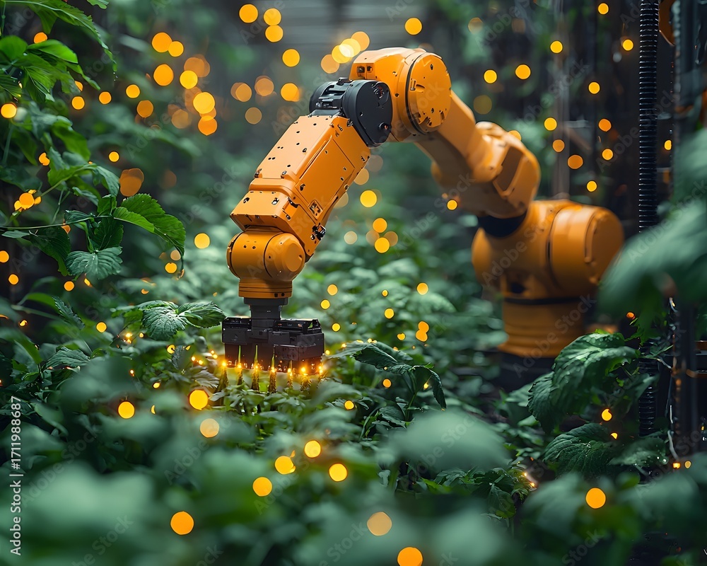 Poster a robotic arm operates in a technologically advanced greenhouse tending to plants with precision and