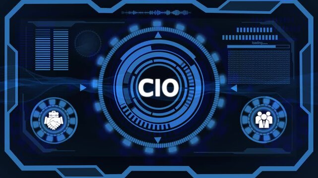 Futuristic HUD interface with CIO acronym in glowing blue concentric circles and digital background
