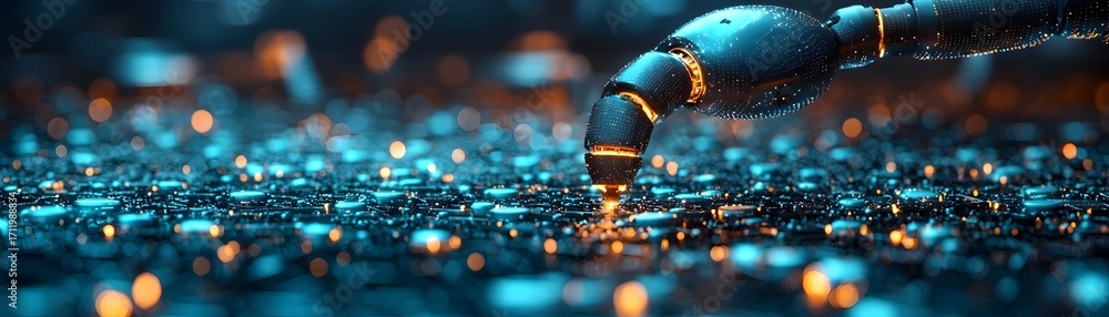 Poster a futuristic robotic arm with orange glowing highlights interacts with a complex digital network