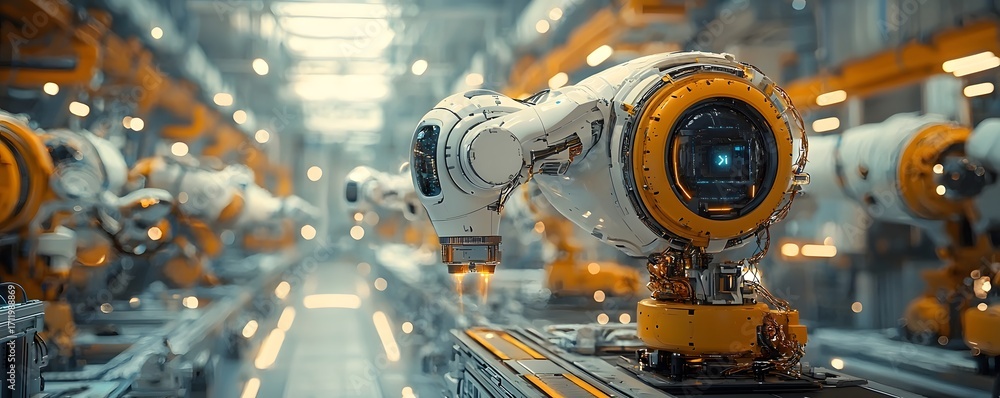 Poster futuristic robotic arms perform intricate assembly tasks on a high tech production line