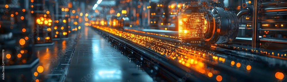 Poster advanced futuristic industrial factory production line featuring glowing complex hinery and intricat