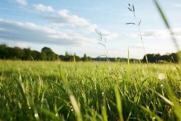 Fototapeta premium Green grass field under a clear blue sky with some clouds