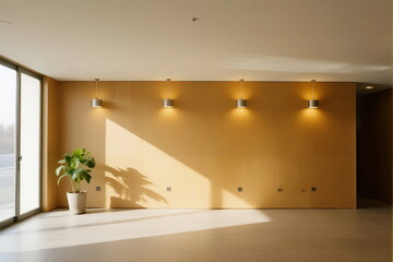 Bright and empty room with large windows and wall lights