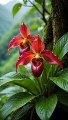 Close up of a vibrant red slipper orchid blooming on a mossy tree trunk