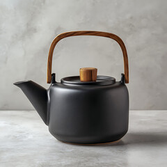 A stylish black ceramic teapot with a natural wooden handle and lid stands elegantly on a light, textured surface, showcasing modern design.
