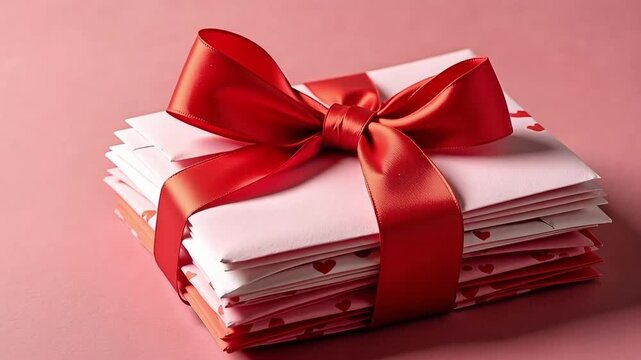 Stack of heartfelt letters tied with a luxurious red ribbon, hinting at romantic messages and cherished connections