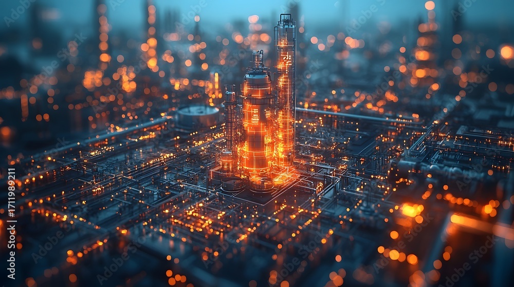 Poster a futuristic industrial city network with glowing orange lights and complex structures representing 