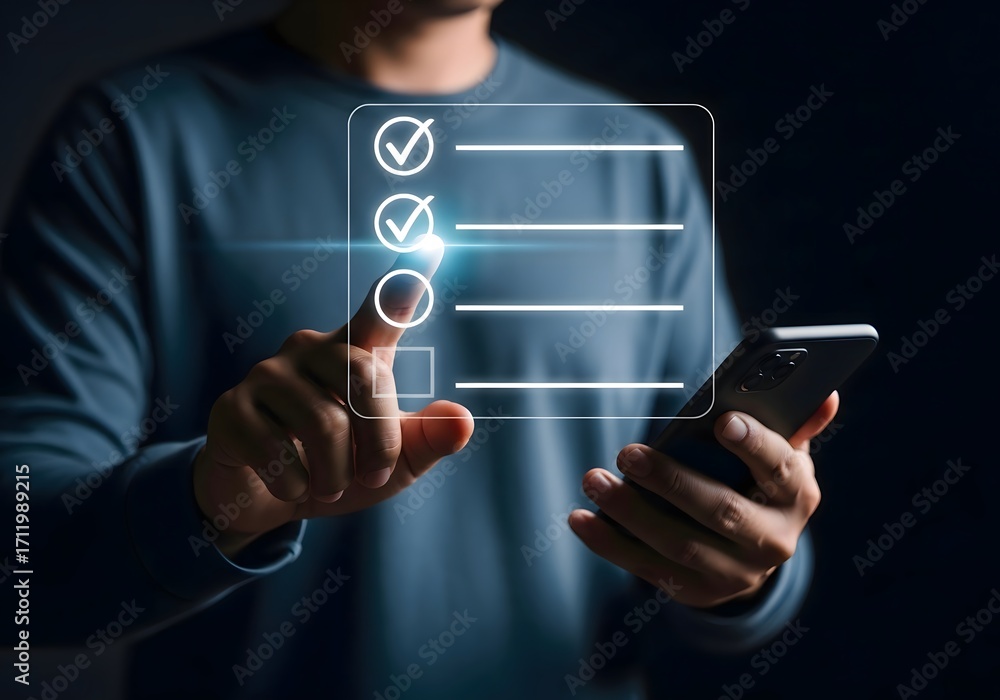 Aufkleber man using a smartphone to interact with a digital checklist interface with checkmarks and boxes