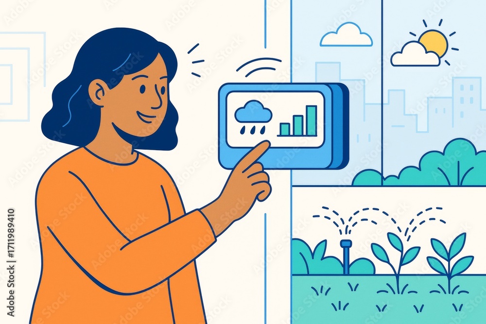 Poster woman using smart irrigation system with weather forecast interface on screen, controlling garden wa