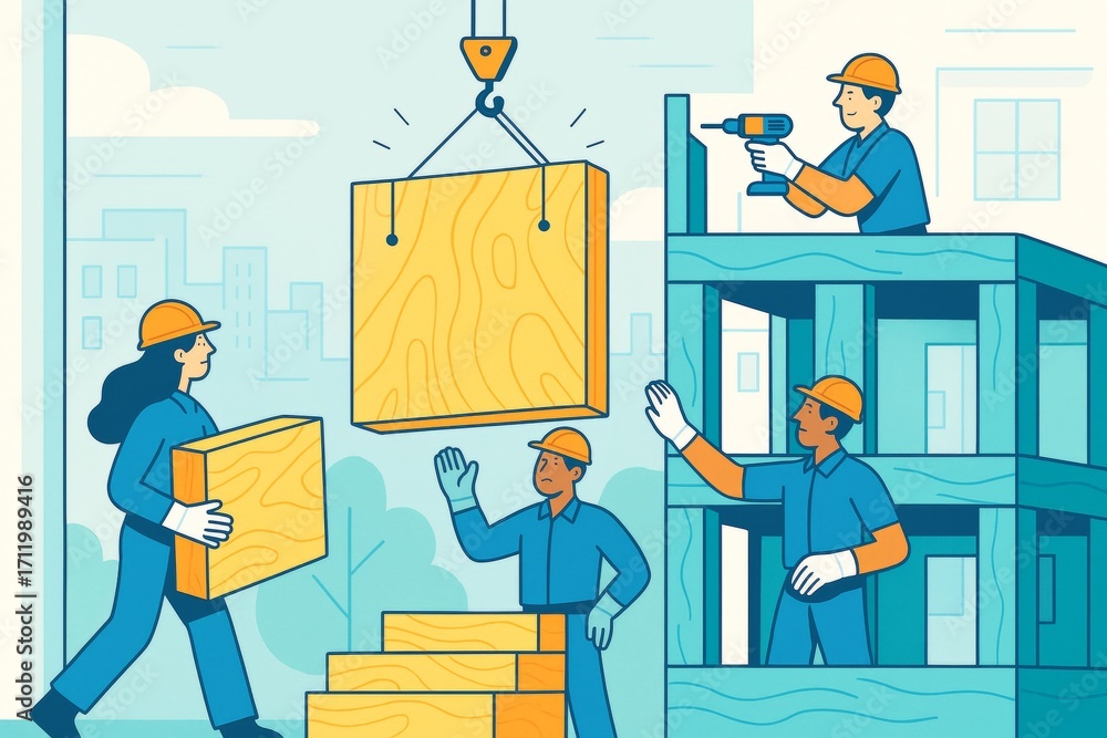 Aufkleber construction workers building wooden structure in urban environment with teamwork and collaboration 
