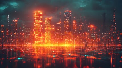 A futuristic neon lit cityscape at night with intense orange lights and digital reflections