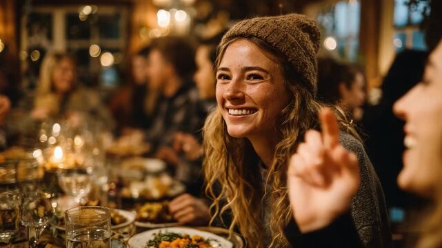 Shared Moment: A moment of genuine joy as a person shares a meal, laughter filling the room amidst a cozy atmosphere, offering a snapshot of everyday life