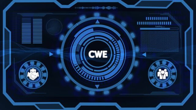 Futuristic HUD interface with CWE acronym in glowing blue concentric circles and digital background