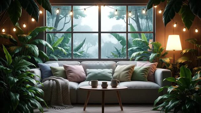 Cozy Lo-Fi Jungle Rain Living Room Animation for Chill Streams
