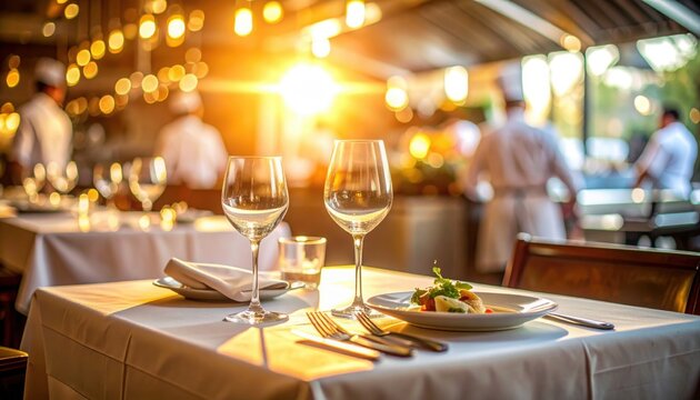 Romantic fine dining restaurant table set at sunset with elegant wine glasses and gourmet dish, symbolizing love celebration and unforgettable evening atmosphere
