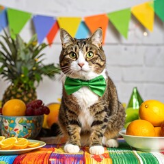 A tabby cat wearing a bowtie, surrounded by fruit and colorful decorations