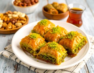 Sweet layered pastries on a plate with nuts and tea