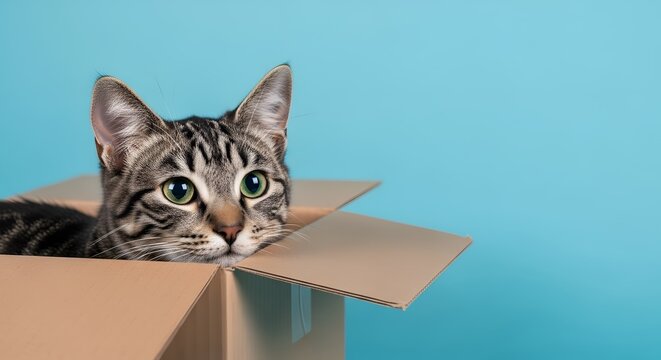 A curious tabby cat peeks out of a cardboard box, its green eyes wide with intrigue against a vibrant blue background, capturing a moment of playful exploration and feline wonder - Powered by Adobe