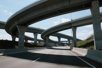 Complex highway overpass structure with multiple curved ramps