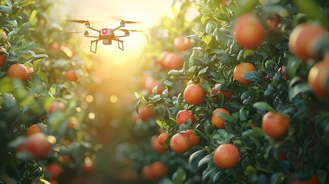 A drone monitors an abundant orange orchard at sunrise showcasing advanced technology in modern agriculture