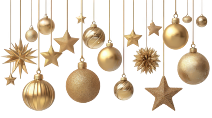 Golden Christmas Ornaments and Stars Hanging on Black Background