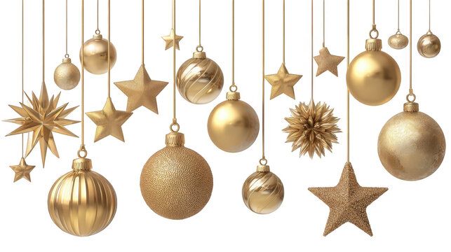 Golden Christmas Ornaments and Stars Hanging on Black Background
