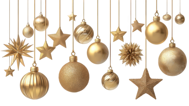Golden Christmas Ornaments and Stars Hanging on Black Background
