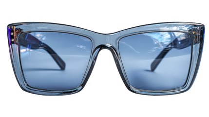 Grey and Blue Square Sunglasses with Transparent Frame on Transparent Background