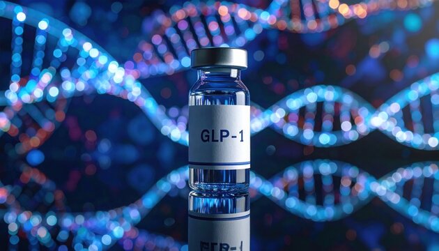 A vial labeled glp 1 against dna helix background filled with blue liquid symbolizing biotechnology development, medical research, obesity treatment and breakthrough in metabolic health
