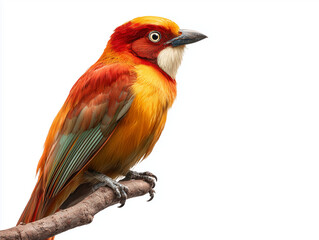 vibrant bird perched on branch, showcasing bright orange, yellow, and green feathers against white background. Its striking features and colors evoke sense of beauty and wonder
