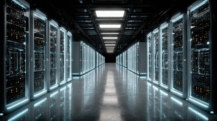Row of servers in a dark data center illuminate the central walkway with reflection